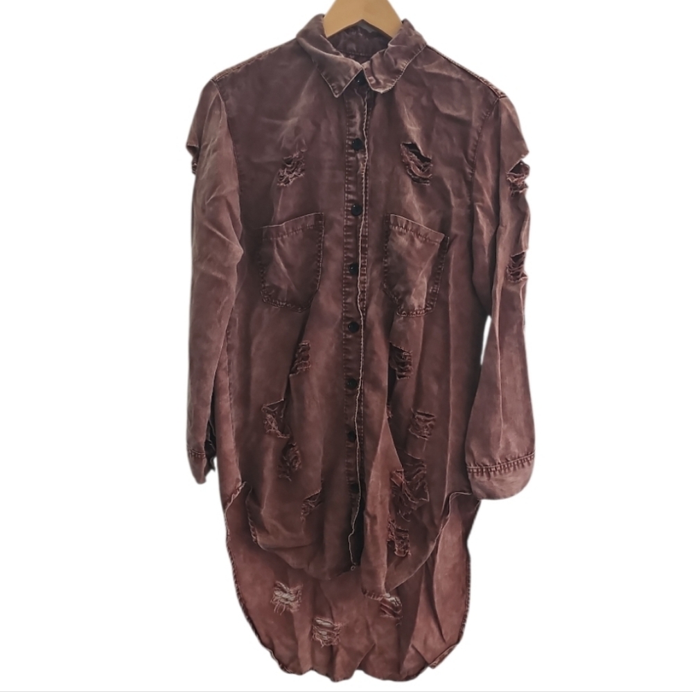 Kroix Distressed Cotton Button Front Tunic Sz L Faded Rust Red Boho Artsy Casual